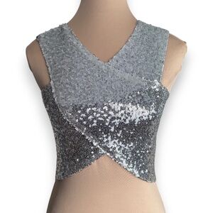 Silver Black Sequin Crop Top Cross Front Party